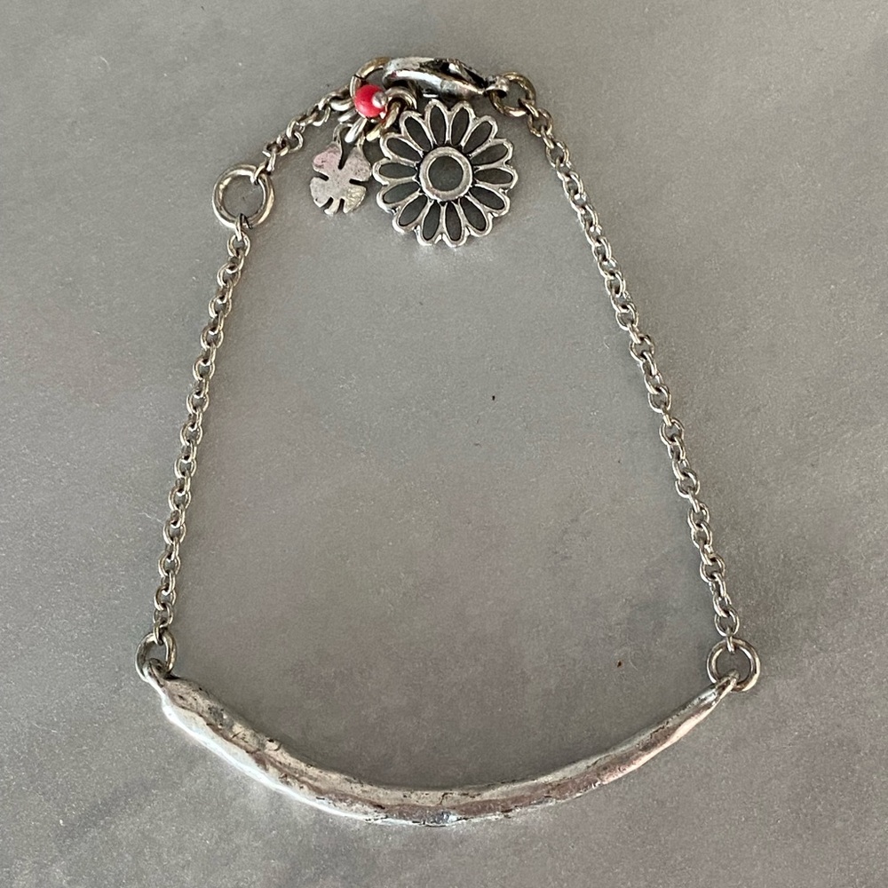 Cute Adjustable Lucky Brand Silvertone Bar Bracelet with Charms